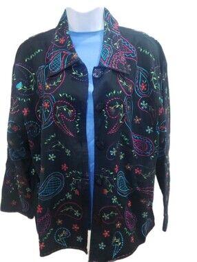 Units Woman Black Embroidered Paisley Button-Up Jacket, 1X